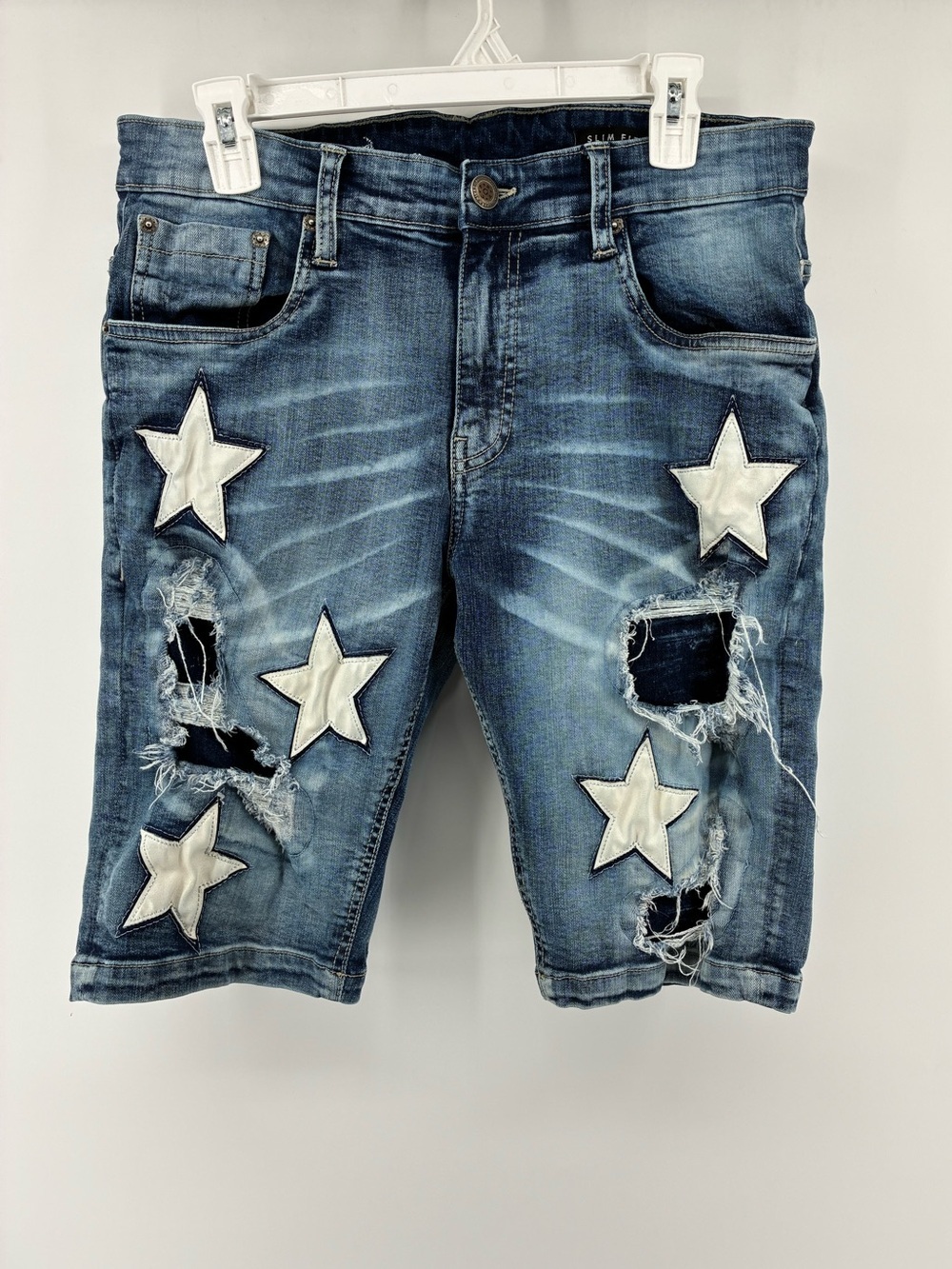 Men's Distressed Blue Denim Shorts with Star Patches